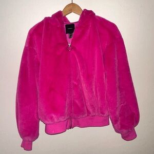 Hot pink Faux fur hooded zip up jacket